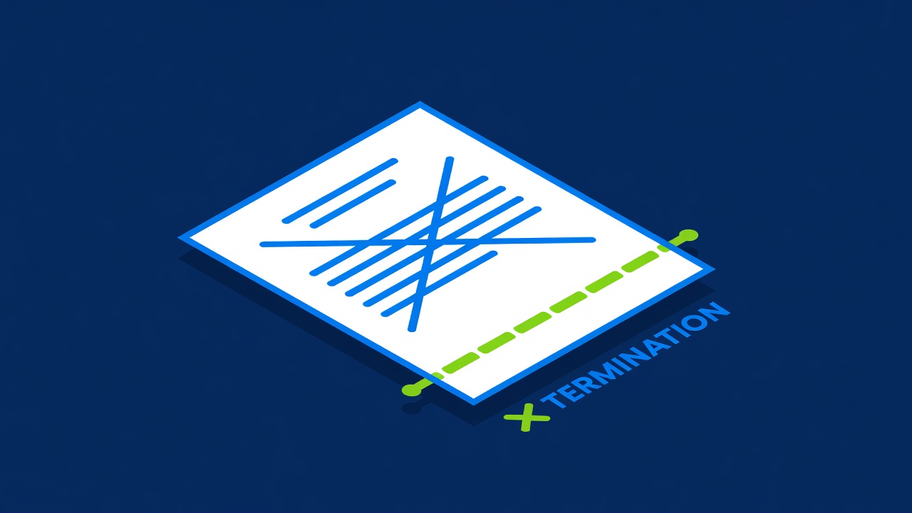 contract document with crossed-out terms and timeline indicator showing termination