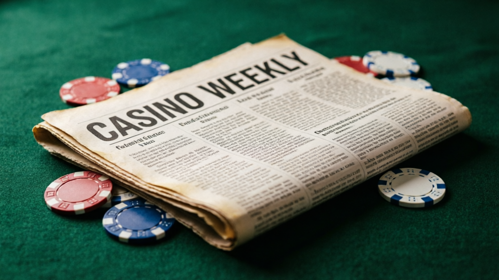Newspaper spread on a casino table with chips