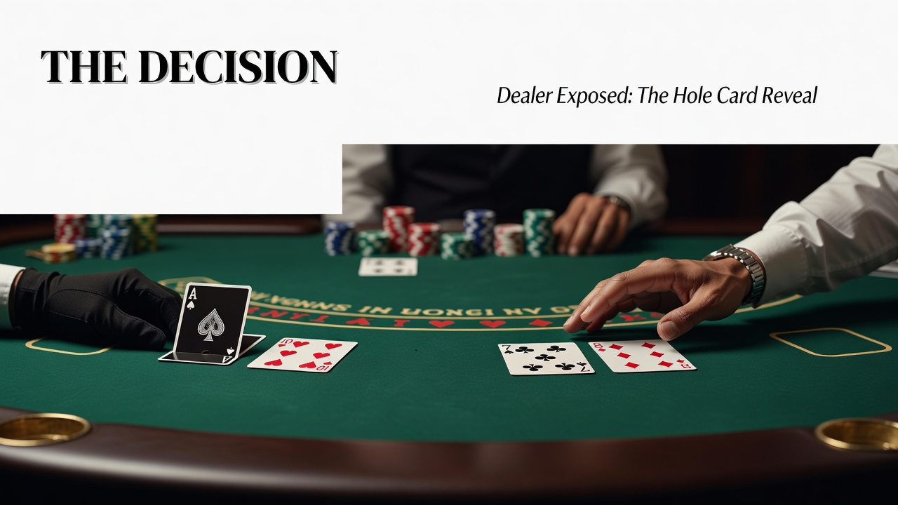 blackjack table split view showing dealer hole card exposed and player decision moment