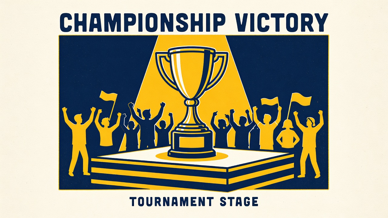 championship trophy on tournament stage with spotlight illumination and victory moment captured