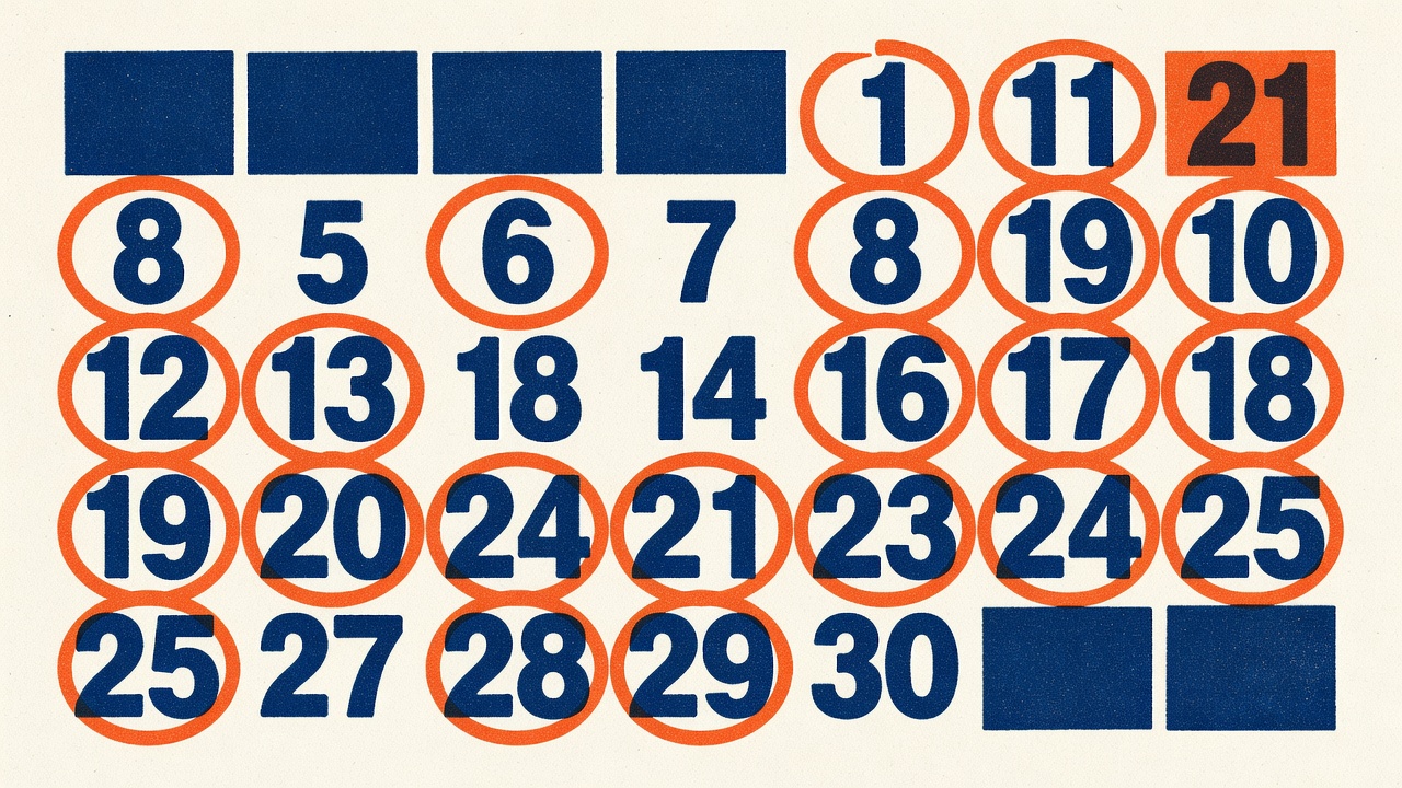 historical calendar showing date sequence with highlighted repeating number patterns and circles