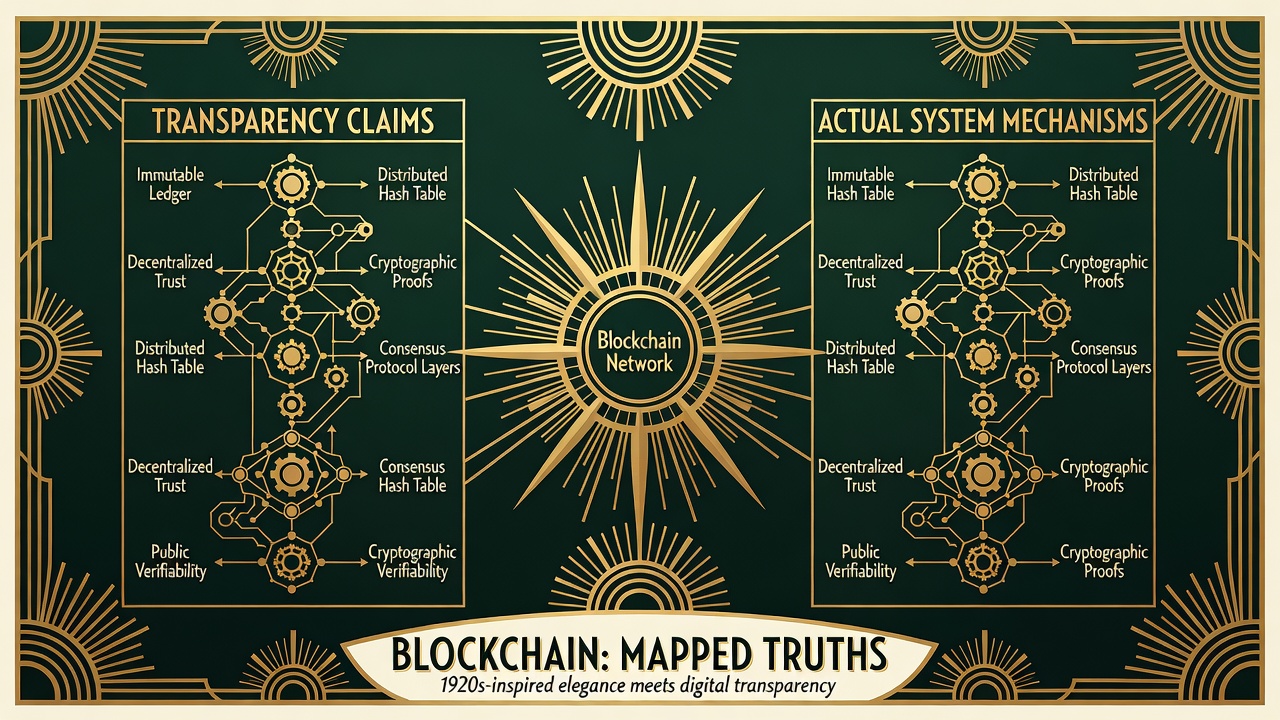 blockchain architecture diagram with transparency claims mapped against actual system mechanisms