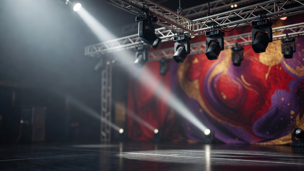 stage performance arena with dramatic spotlight and theatrical backdrop showing entertainment production scale