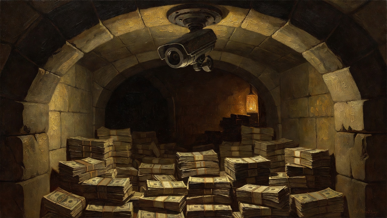 security camera mounted overhead capturing underground casino vault with stacked currency bundles below