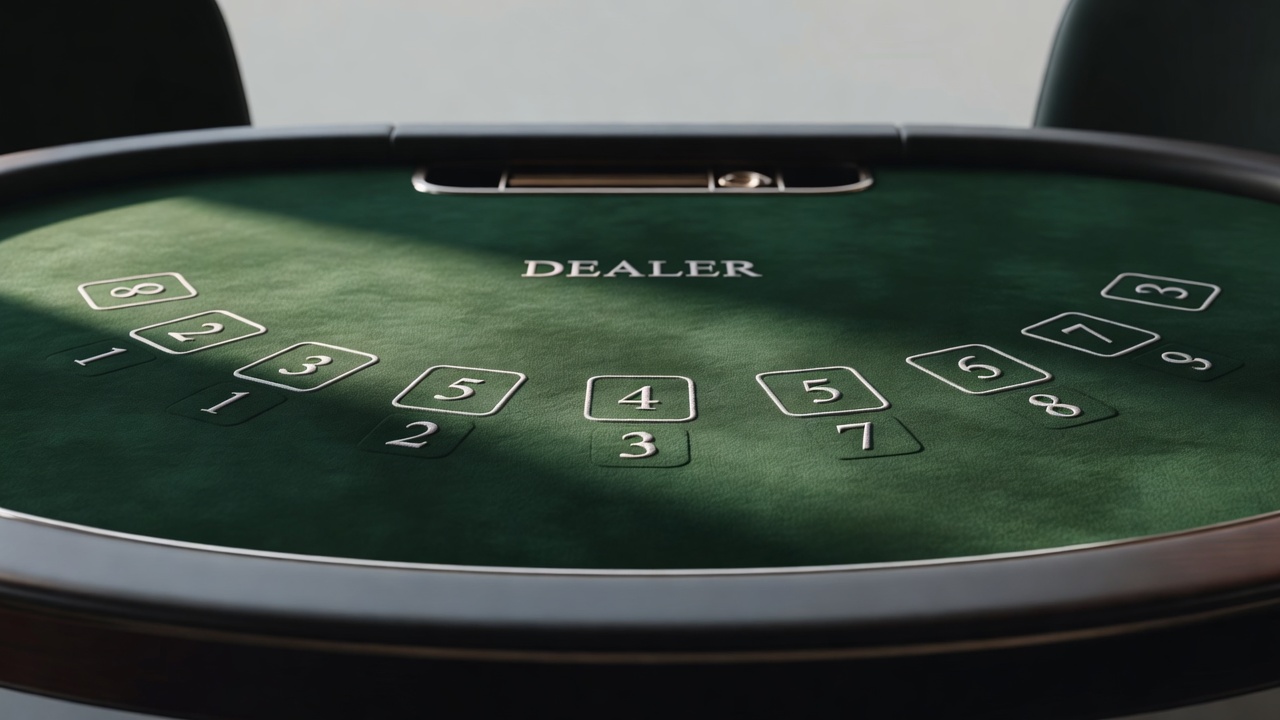 felt poker table viewed from above showing player positions and unwritten seat hierarchy implied through lighting