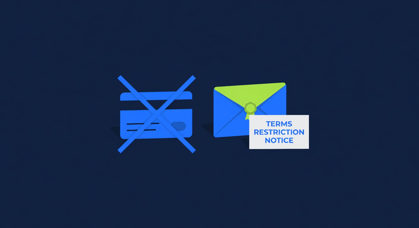 a payment method card crossed out beside a welcome bonus envelope with terms restriction notice