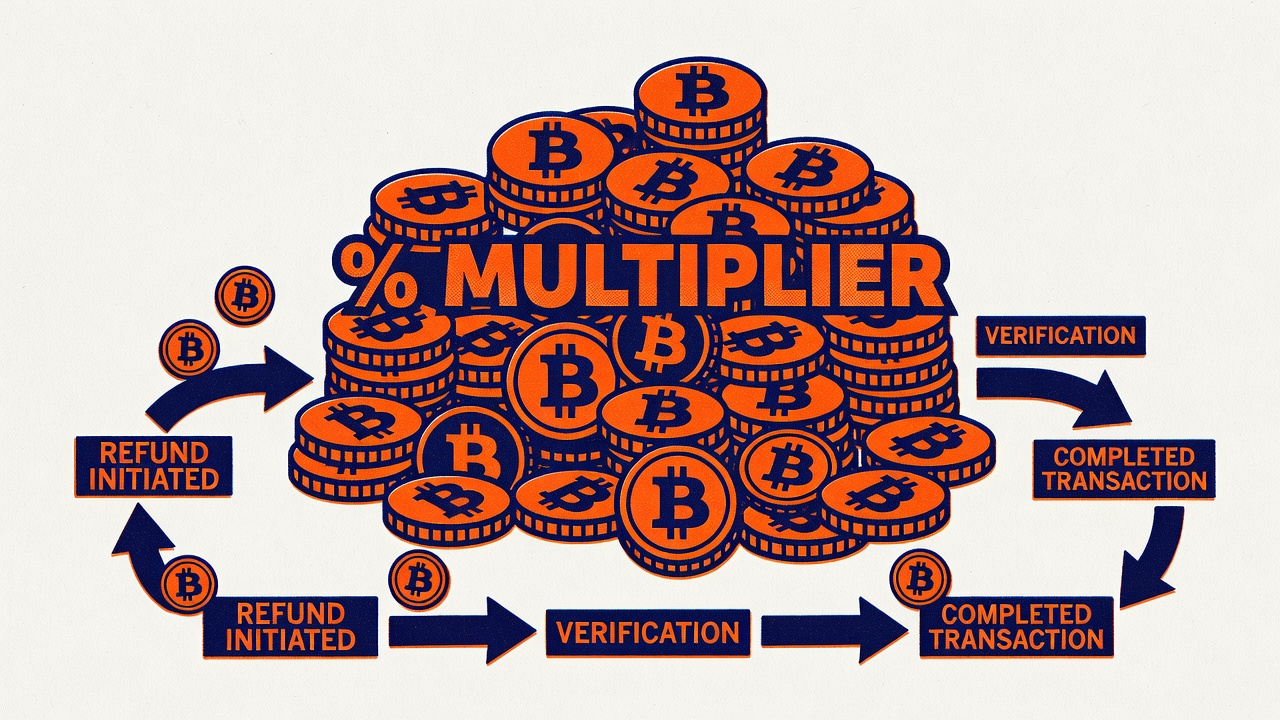 cryptocurrency coin icons stacked with percentage multiplier overlay and refund transaction flow diagram