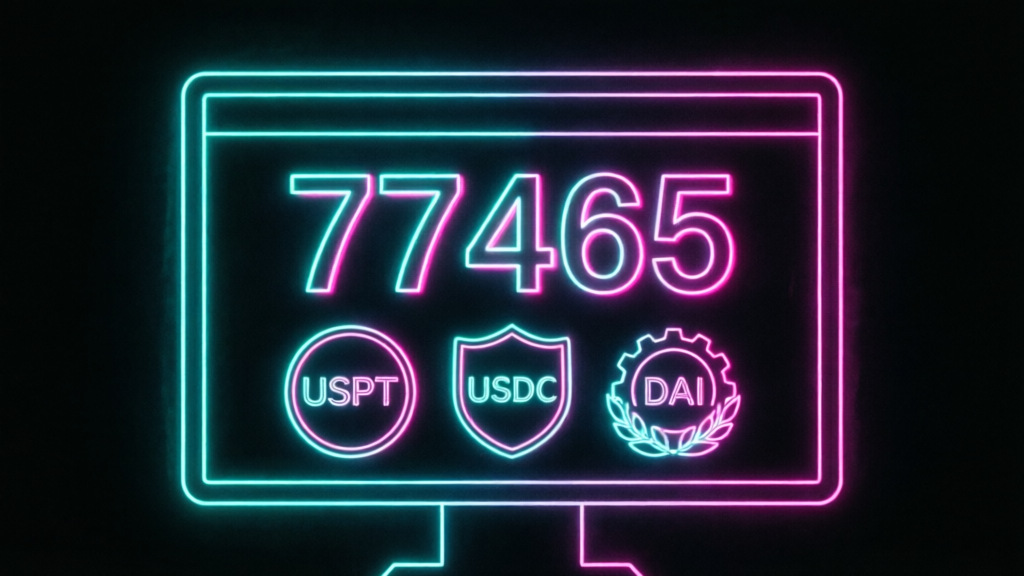 neon terminal screen with bitcoin price at 77465 and stablecoin icons