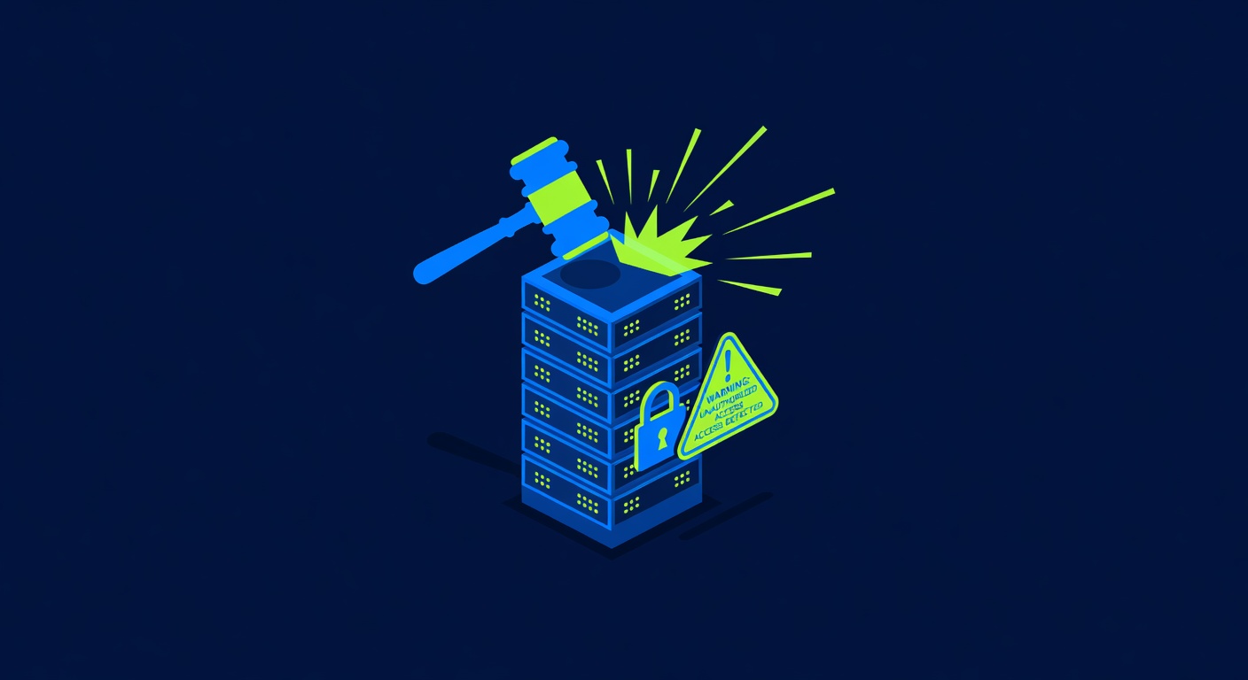 a courthouse gavel striking a digital server tower with padlock and warning sign