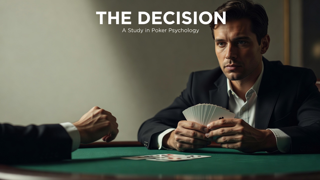 player's unreadable expression frozen mid-decision while opponent's hand remains hidden on opposite felt