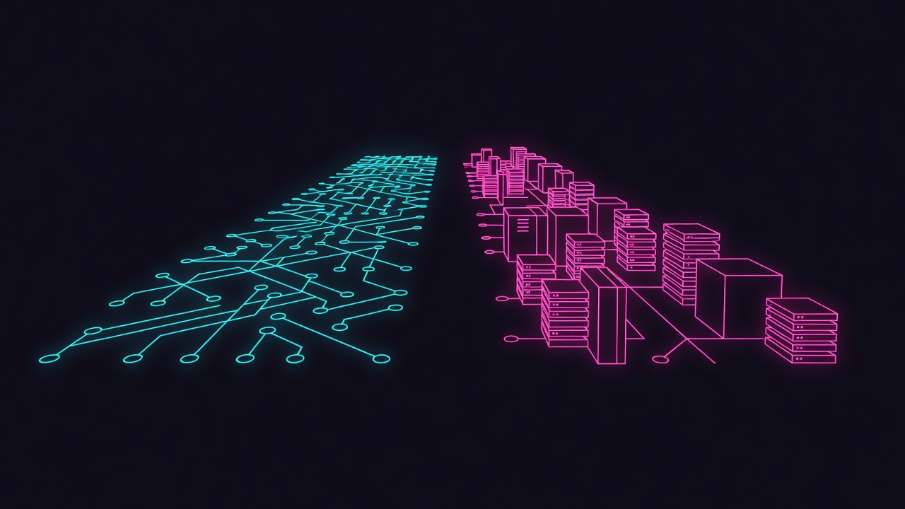 dual infrastructure pathways, one decentralized nodes, one centralized server towers side by side