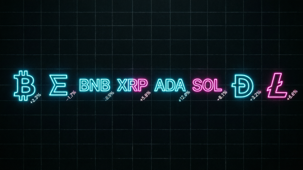eight crypto coin symbols lined up on a dark terminal grid with percentage arrows