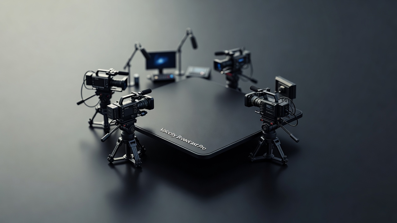 broadcast studio setup with professional gaming surface and multi-camera positioning overhead view