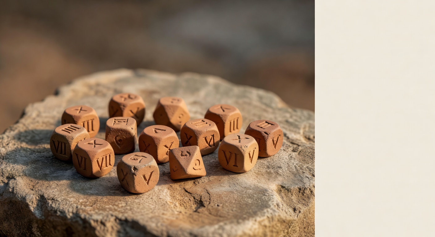 Roman clay dice with numerical markings arranged on ancient stone surface