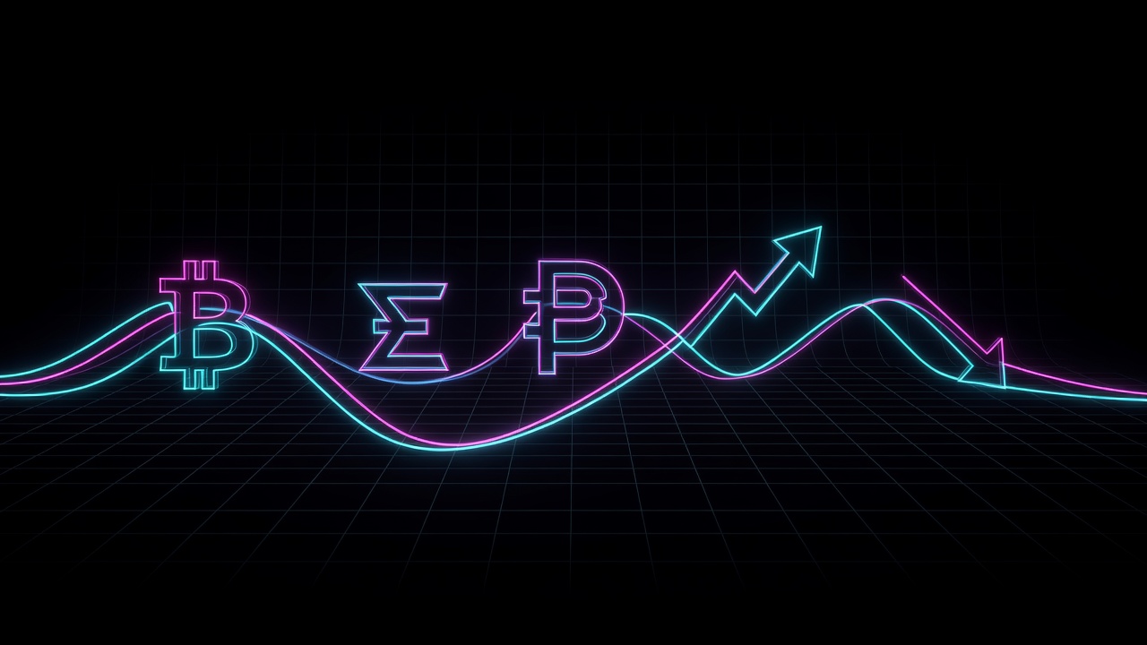 five glowing token symbols rising and falling on terminal grid