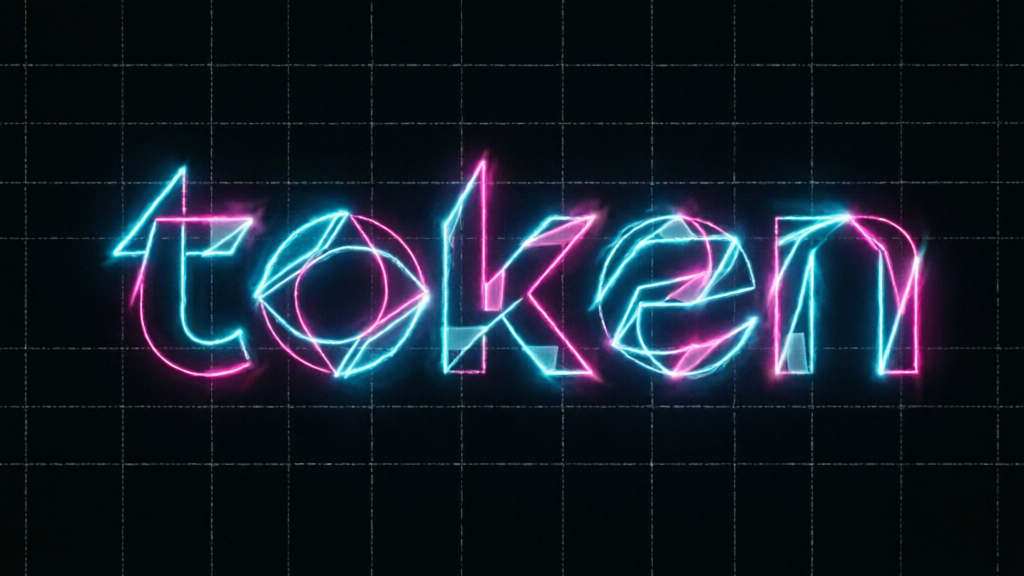 abstract line drawing of five token symbols on a dark terminal grid