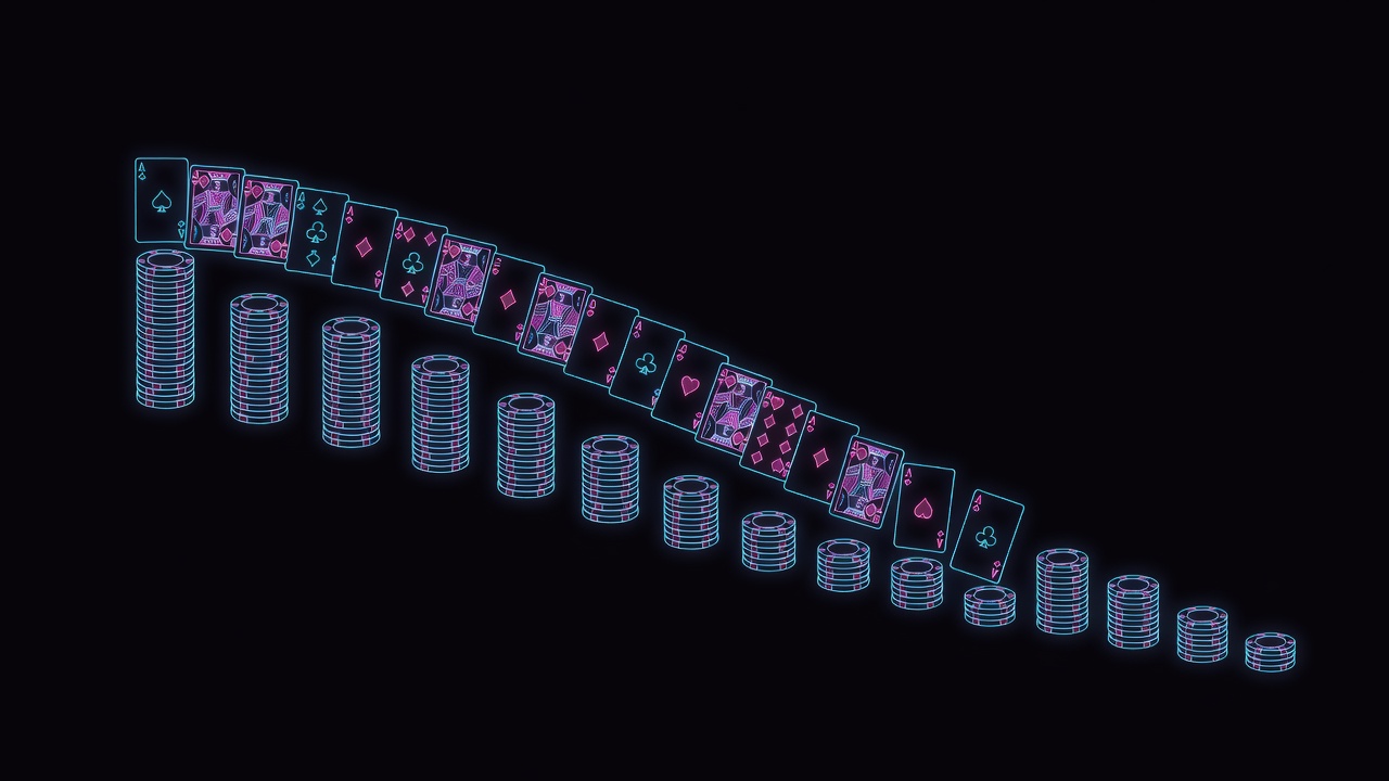 vintage poker playing cards arranged in cascade, tragic arc visualized through declining chip stack heights
