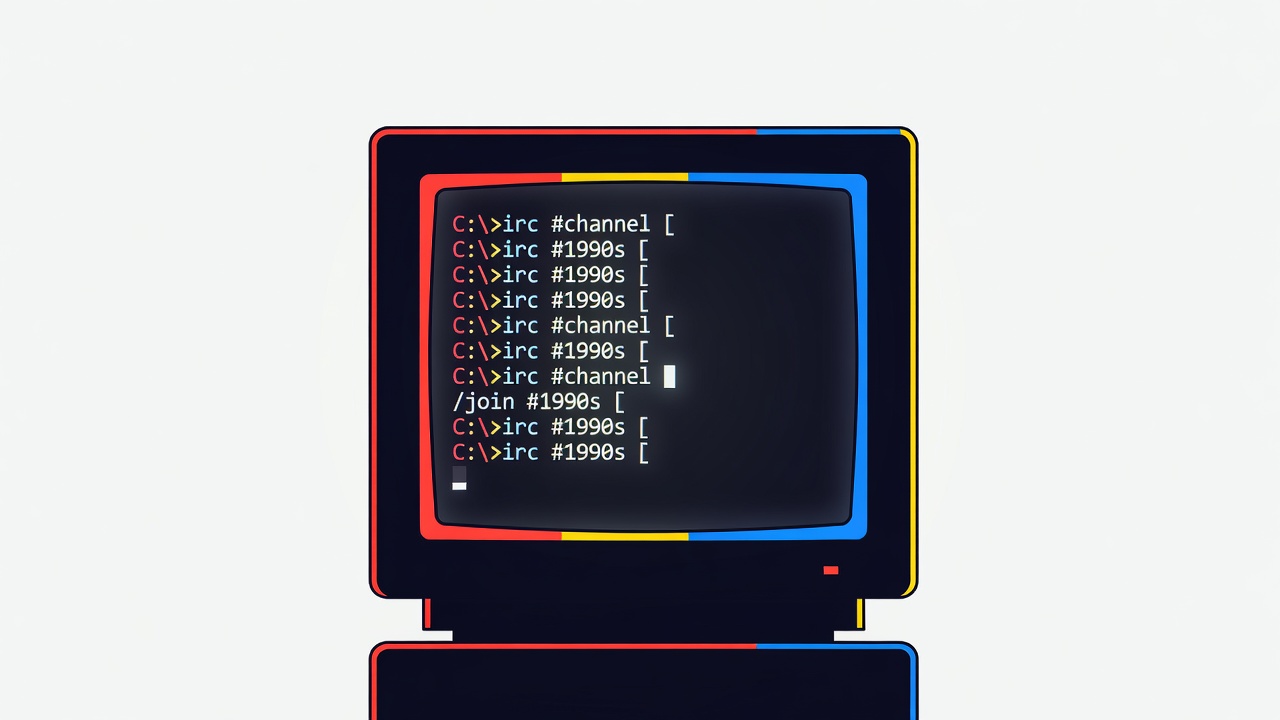 darkened computer monitor from the late 1990s glowing softly, cursor blinking on an IRC text prompt
