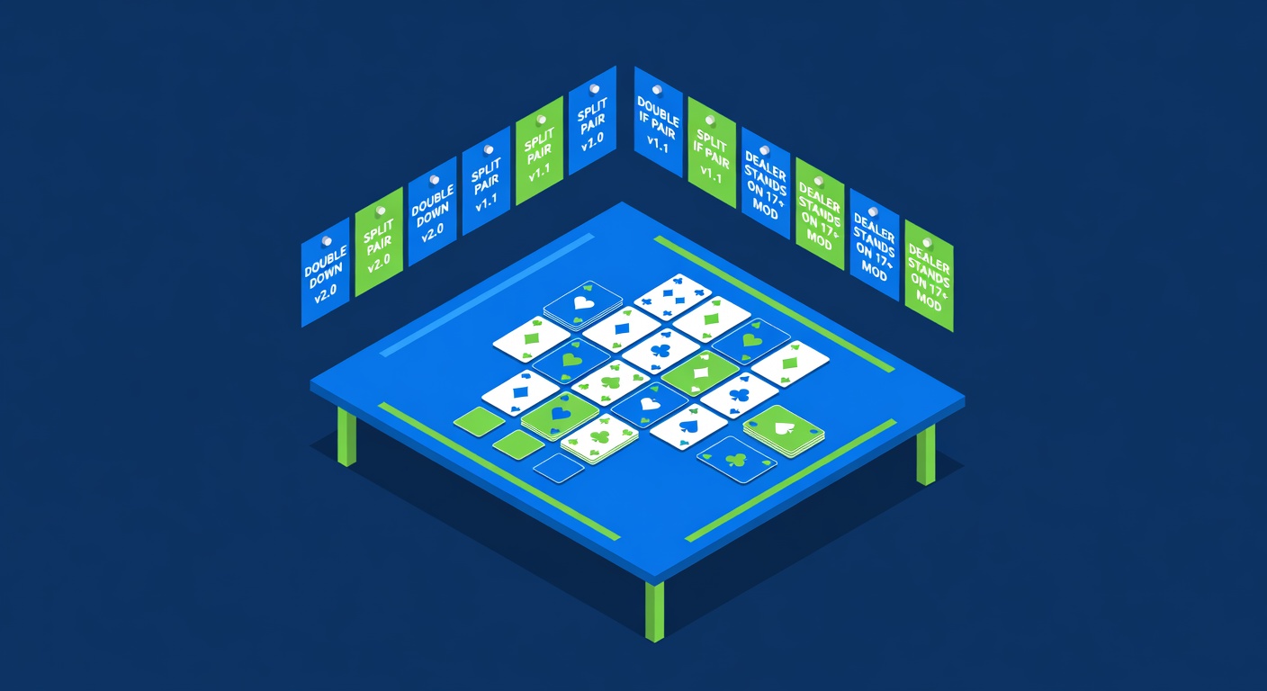 a software blueprint drafting table with blackjack card layout and variant rule cards pinned above