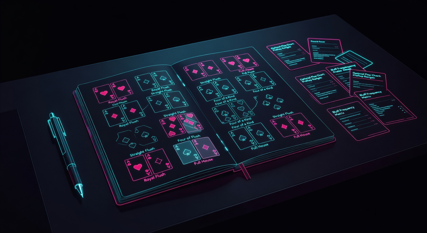 a poker hand chart notebook open on a desk with pencil and strategy cards arranged around it