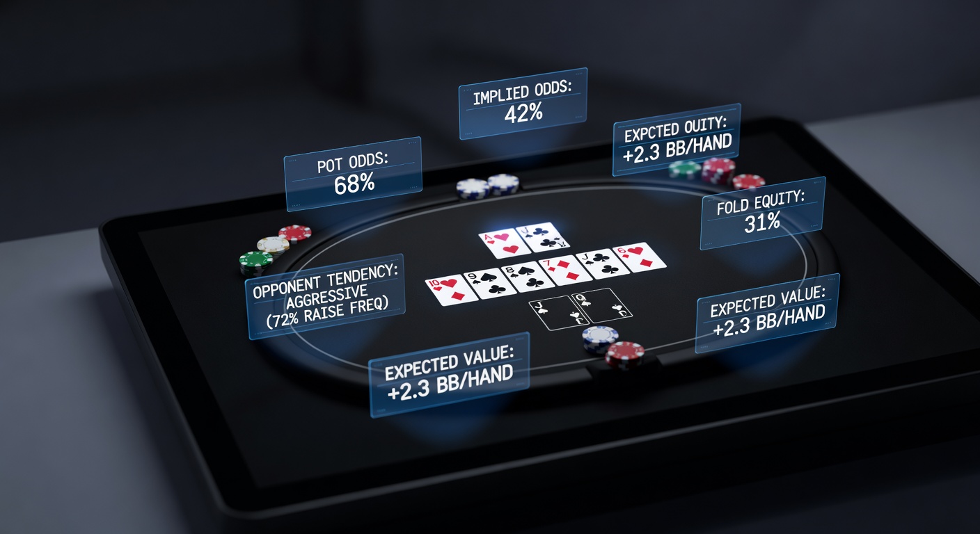data overlay visualization on poker interface with statistical metrics arranged in floating panels around action