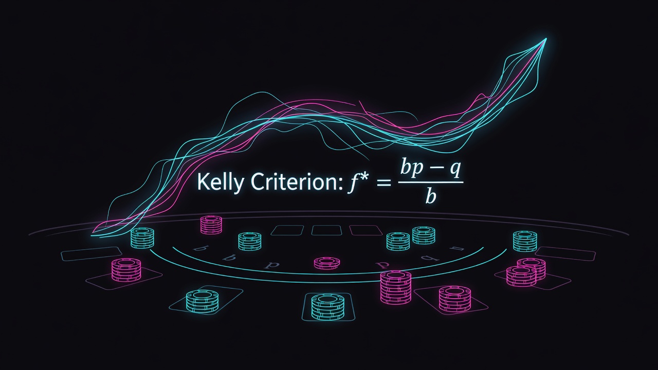 kelly criterion formula on blackjack table background, bankroll optimization curve glowing above betting chips