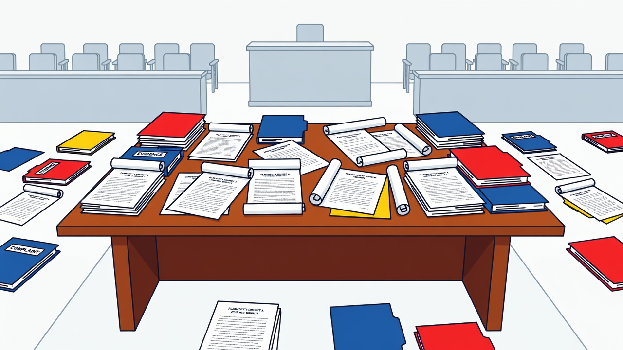 legal courtroom scene with defendant's table and lawsuit documentation spread across mahogany surface