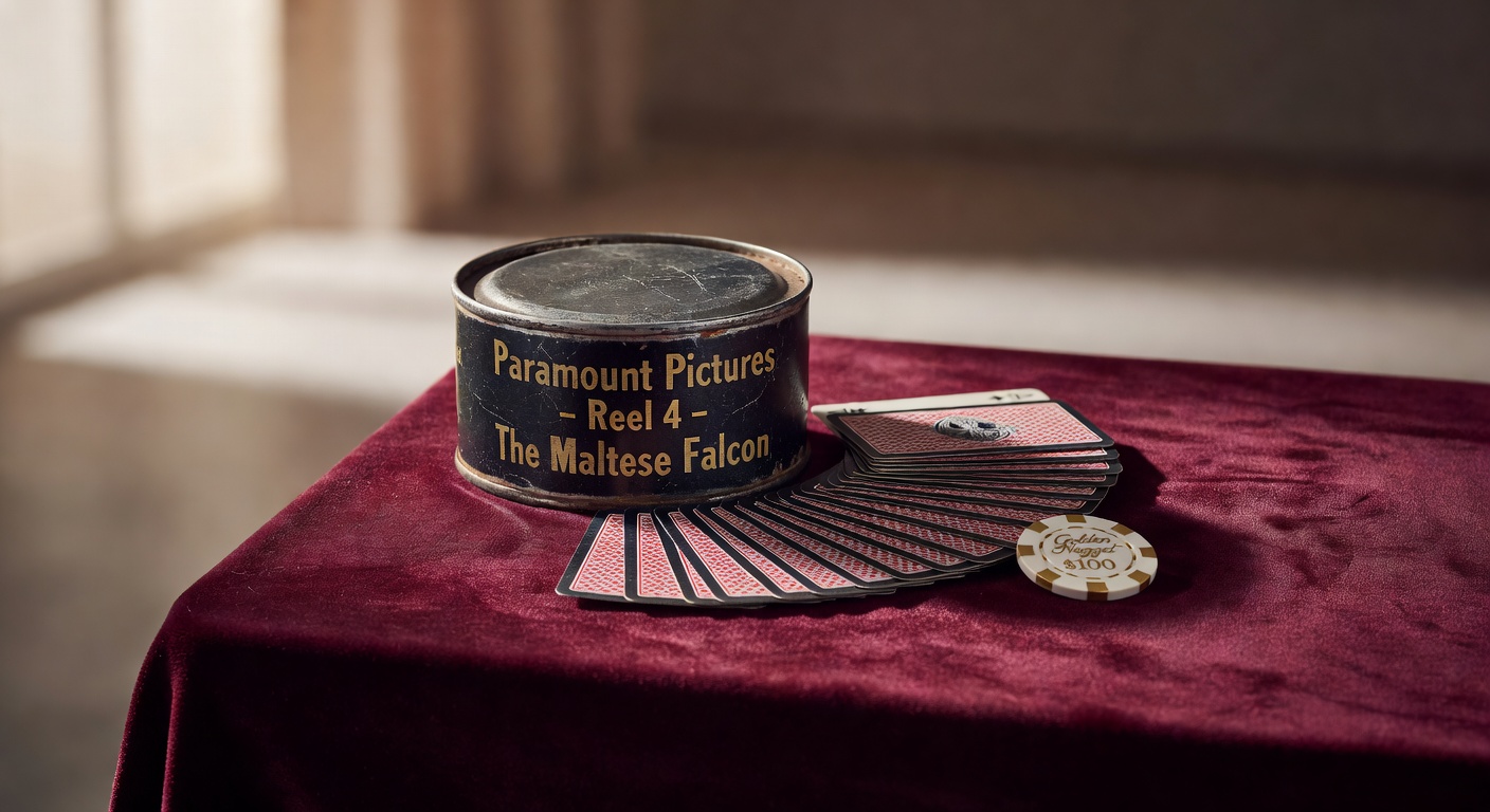 vintage Hollywood film reel canister beside a playing card fan and casino chip on velvet cloth