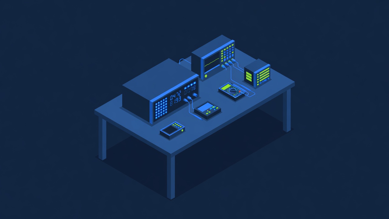 laboratory setup with random number generator equipment and verification instruments arranged on steel table