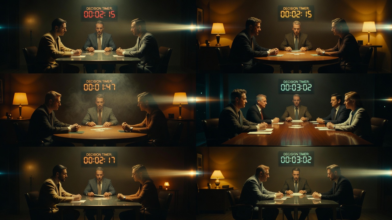 split-screen showing multiple concurrent table arrangements with decision timers ticking independently each pane