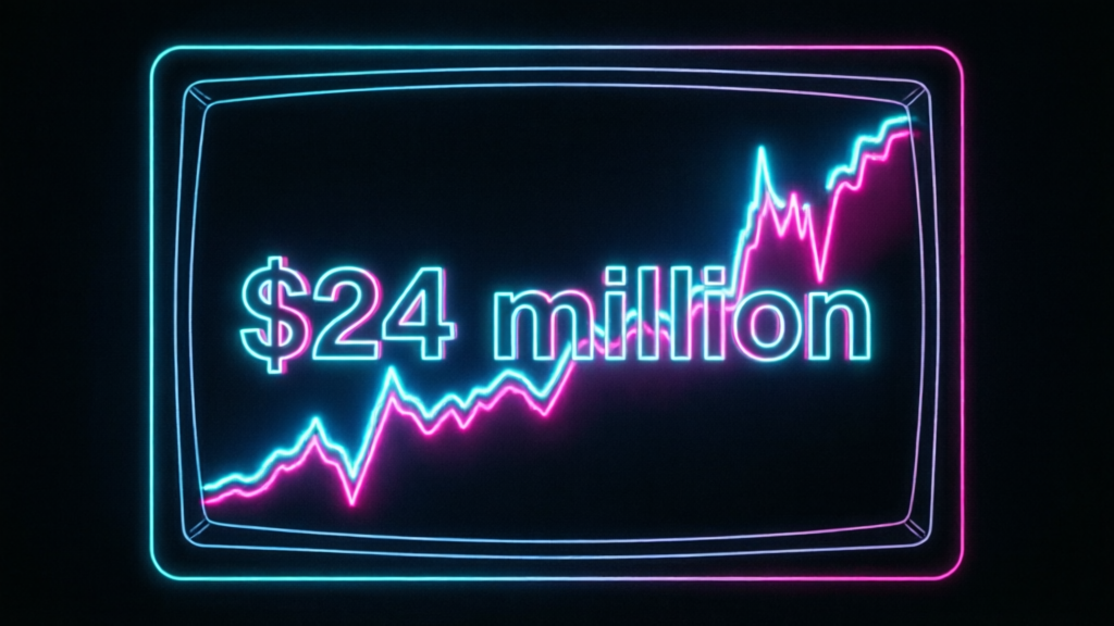 neon terminal screen with crypto price lines and a $24 million headline