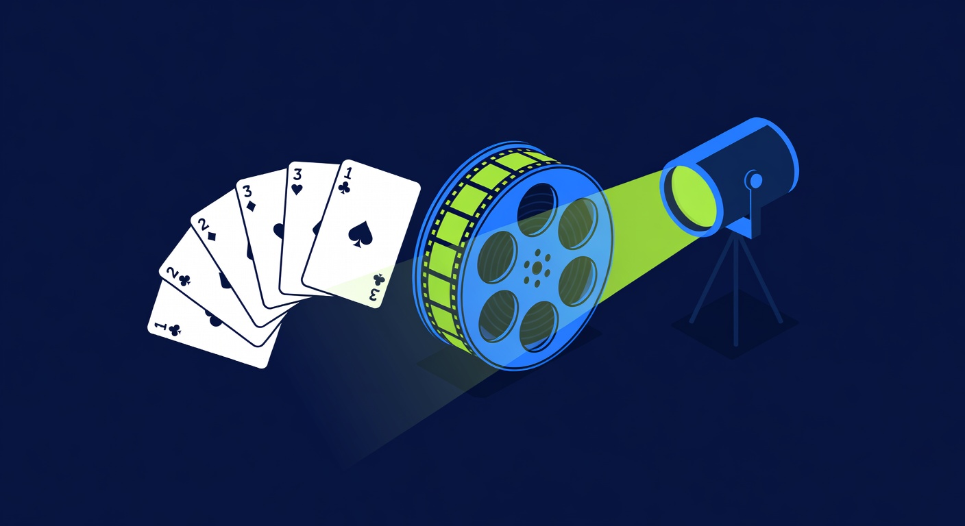 a bridge card hand arranged in a fan beside a Hollywood film reel and spotlight