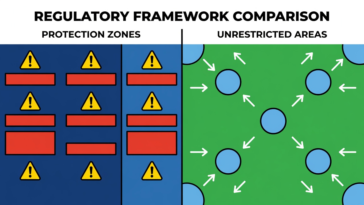 regulatory framework comparison splitting left and right, protection zones versus unrestricted areas contrasted