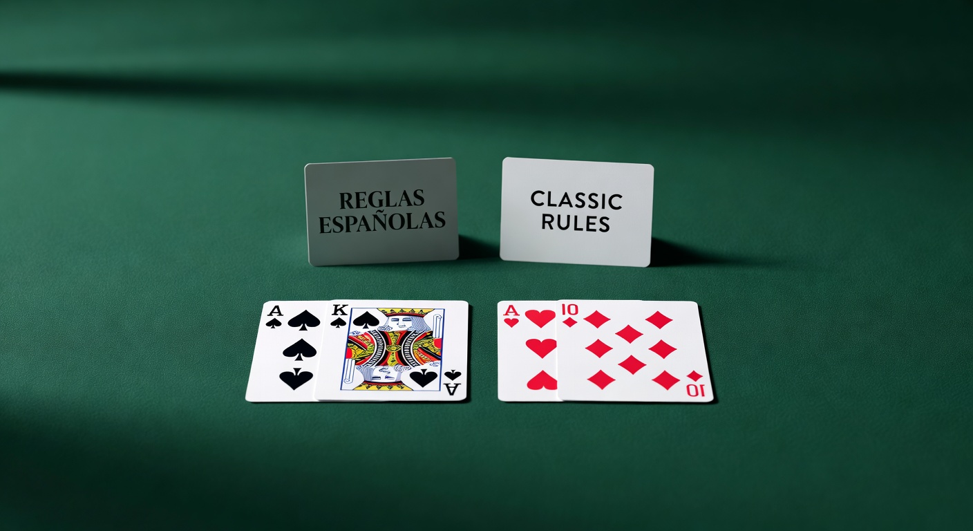 two blackjack hands laid side by side on green felt with Spanish and classic rule cards visible