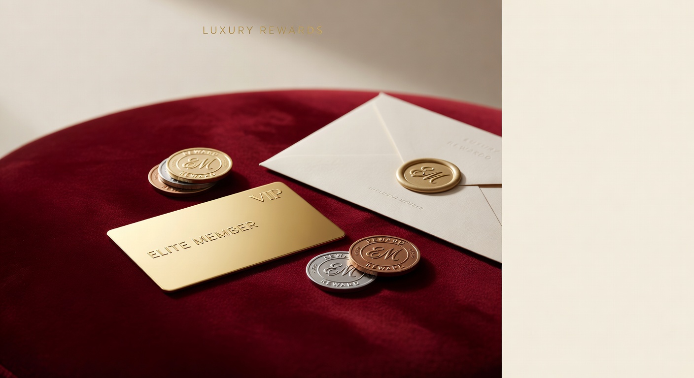 gold VIP loyalty card resting on velvet beside tiered reward tokens and an exclusive member envelope