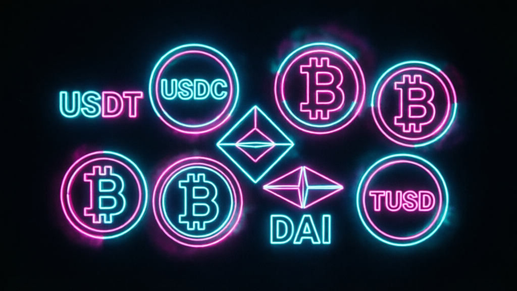 stablecoin symbols glowing on a dark trading terminal