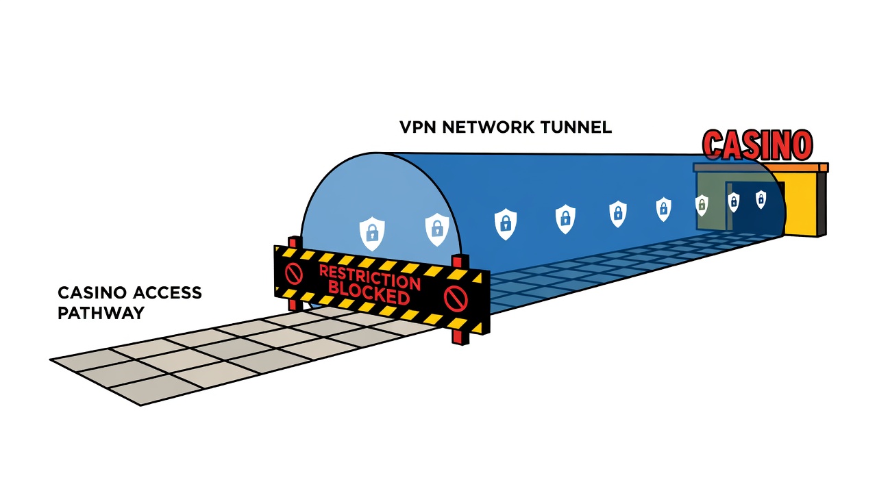 vpn network tunnel overlaying casino access pathway, restriction barrier visualization marking blocked regions