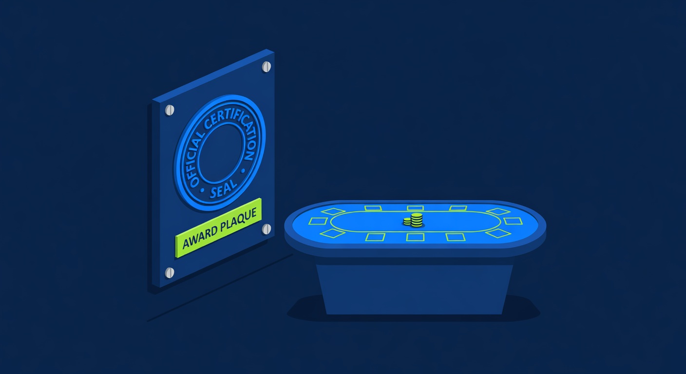 an official certification seal award plaque mounted on a wall beside a casino gaming table