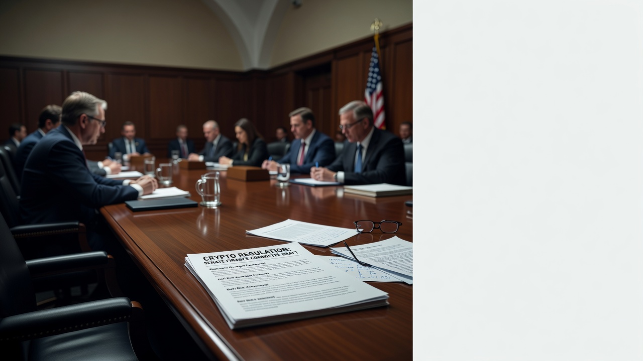 senate hearing room with documents on crypto regulation table