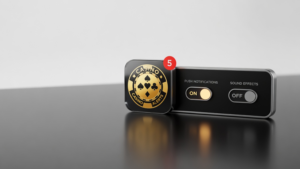 a mobile notification badge with casino app icon and frequency control settings with toggle switches