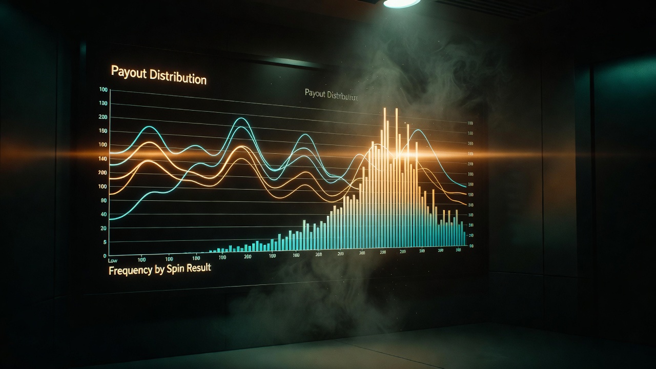 a volatility spectrum chart showing payout distribution curves and frequency histogram across spin results