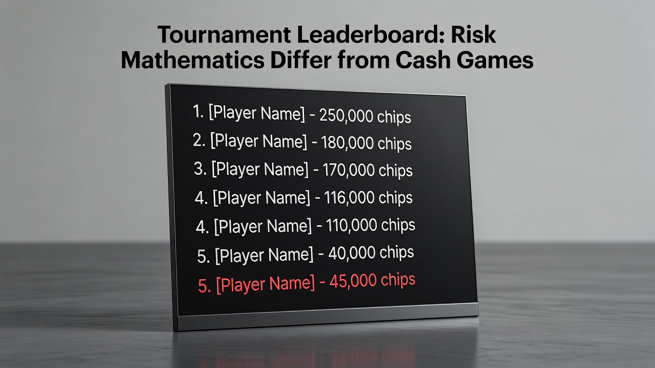 a tournament leaderboard with ranking positions and chip stacks where elimination risk mathematics differ from cash games