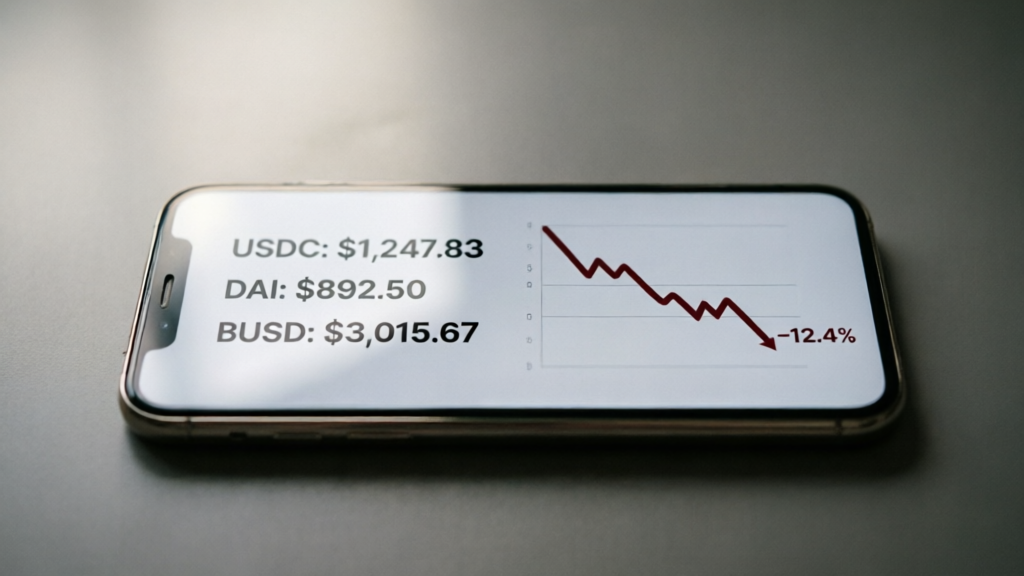 close-up of a digital wallet screen showing stablecoin balances next to a falling price chart