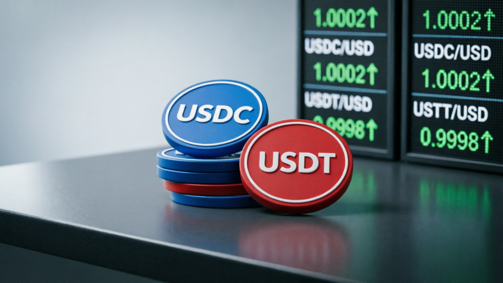 stacked USDC and USDT stablecoin icons on a trading desk with price screens