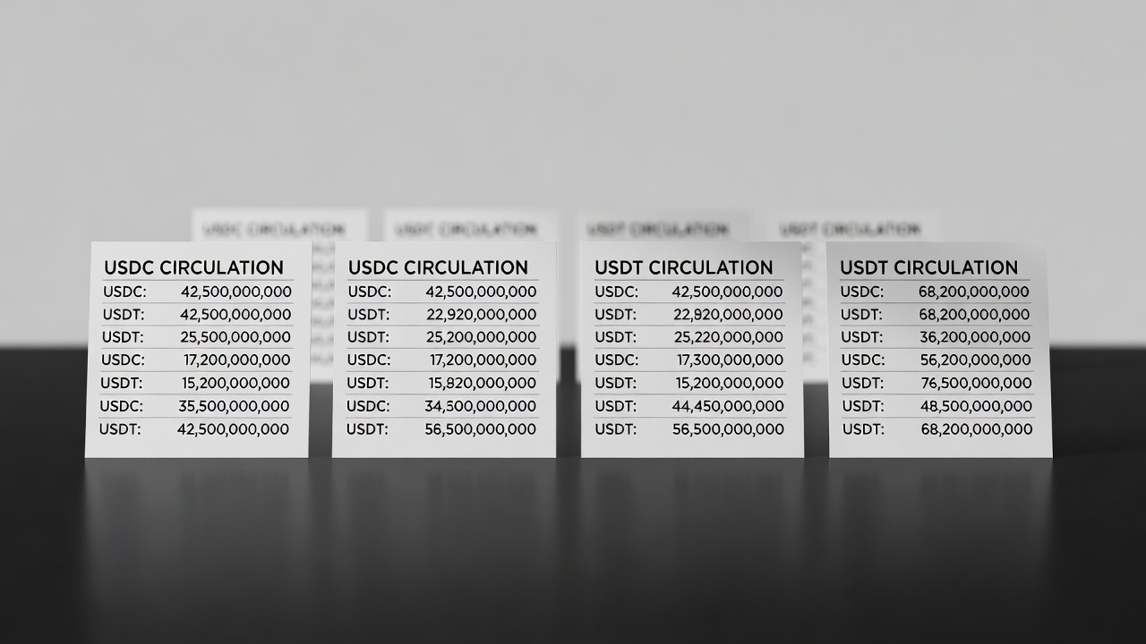 four printed tables showing USDC and USDT circulation numbers side by side