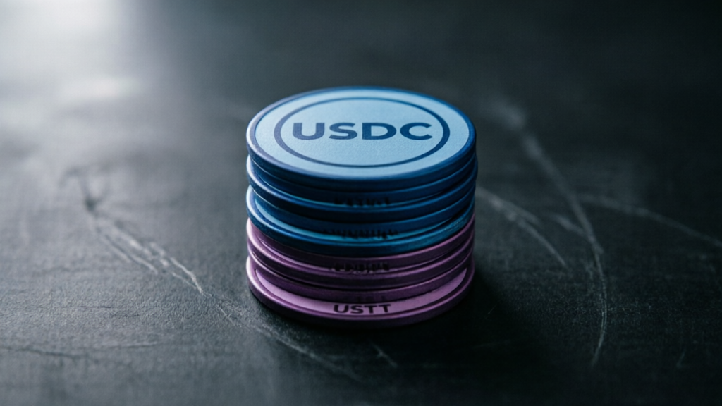 stack of USDC and USDT stablecoin icons on a dark trading desk