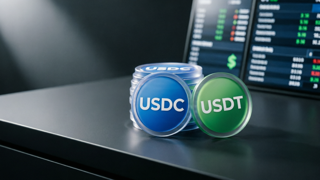 stacked USDC and USDT coin icons on a dark trading desk with price screens