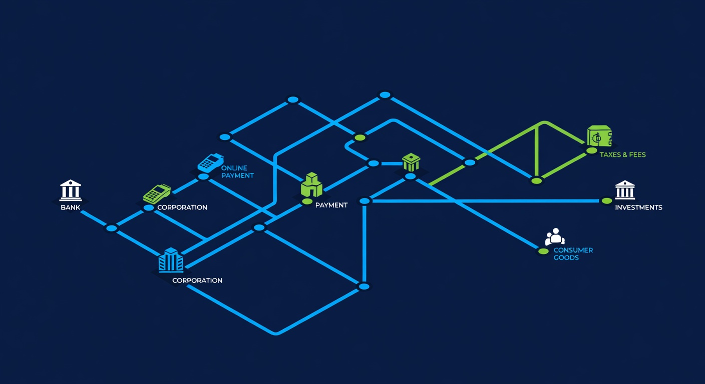 Money trail diagram connecting financial transaction sources and destinations