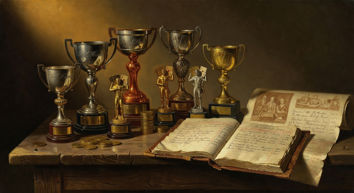 poker championship trophy array with charitable donation ledger and philanthropic achievement records