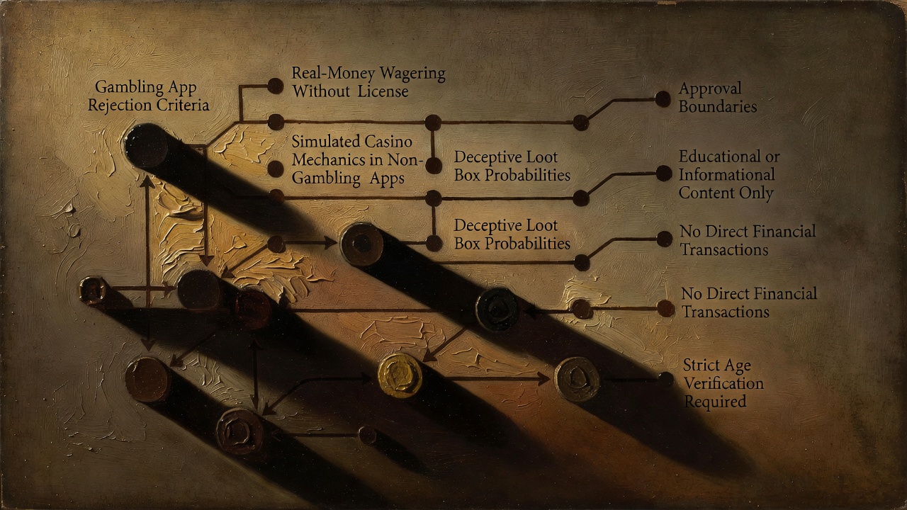 Apple App Store decision tree flowchart showing gambling app rejection criteria and approval boundaries